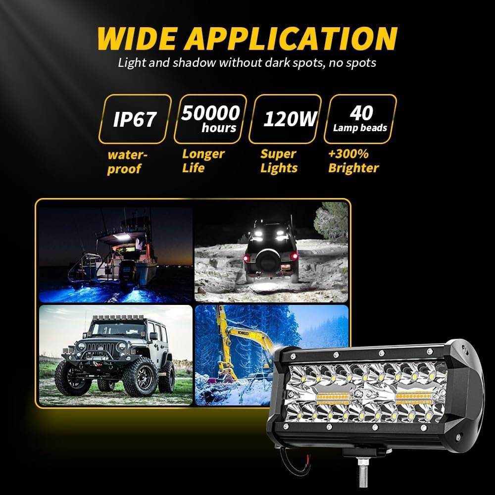 6.5 Inch 120W LED Light Bar 2PCS, off Road LED Driving Lights Spot Flood Combo Beam, Amber White Strobe, for Truck Car ATV SUV Cabin Boat, with Mounting Bracket Holder and 16AWG Wiring Harness 2 Kits image number 6