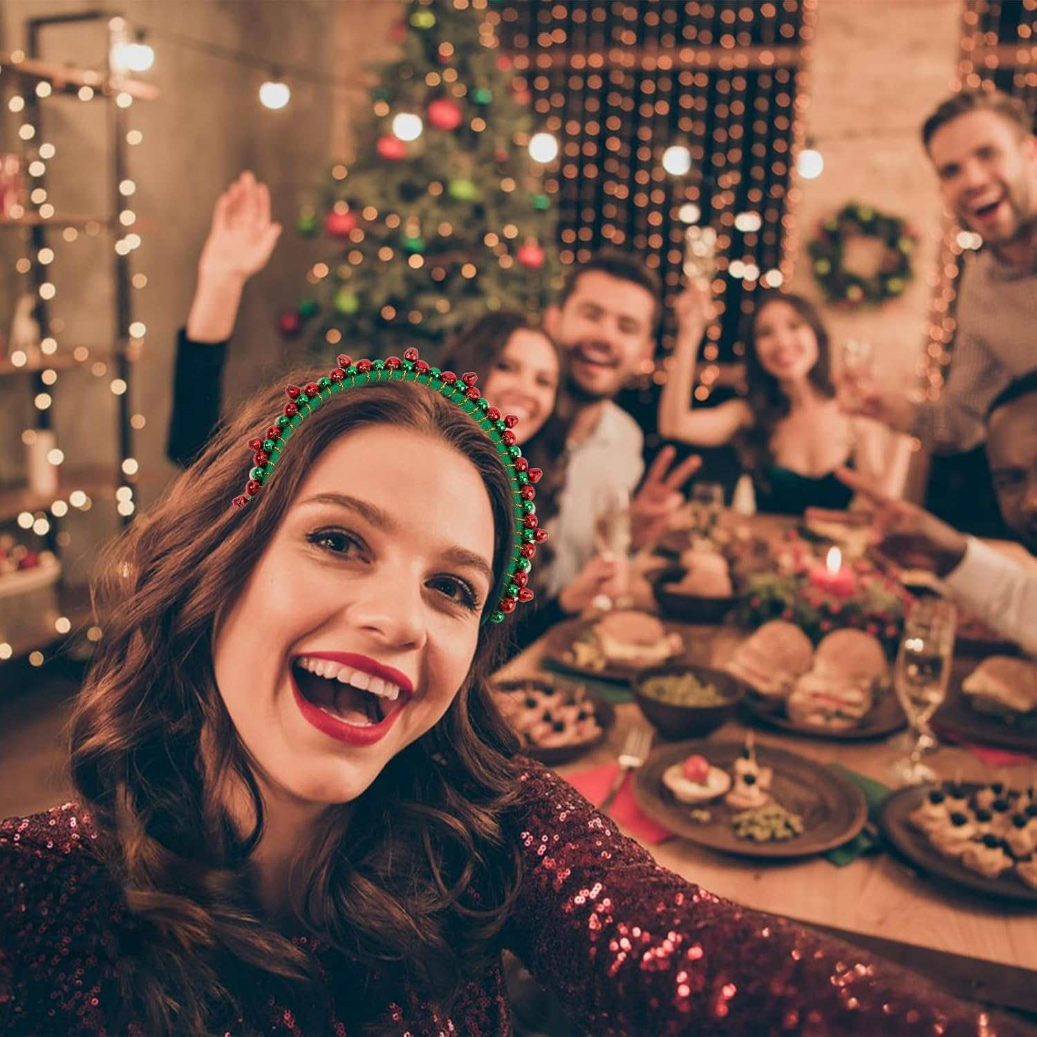 NICENEEDED Pack of 2 Christmas Headbands with Bells Red Green Gold Tone Christmas Bells Hair Band for Women Hair Accessories for Christmas Parties image number 6