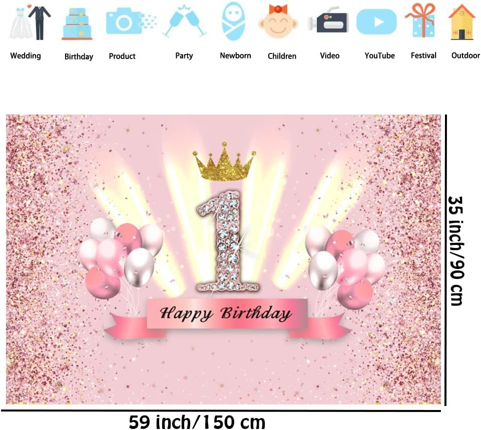 1St Birthday Decorations Party Decor for Girls Fabric Sign Poster Backdrop Banner Party Supplies Glitter Pink, 59"X35.4 image number 5