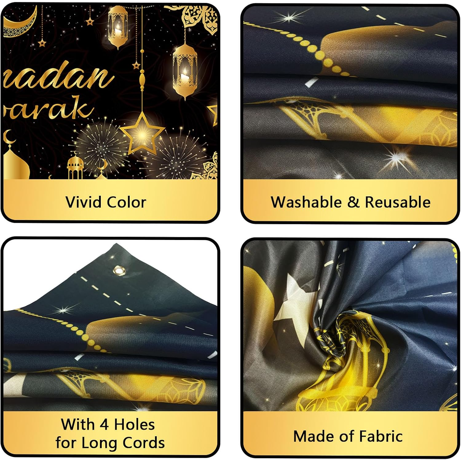 Ramadan Mubarak Banner 2025, Extra Large Fabric Eid Kareem Backdrop for Decorations, 72 X 44 Inch Star Moon Lanterns Castles Photo Booth Background for Islamic Muslim Al-Fitr Party Supplies image number 6