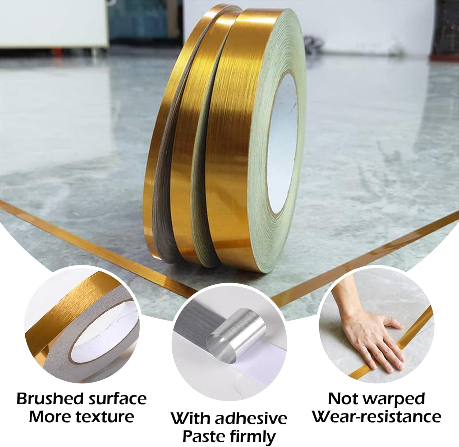 3 Sizes Self Adhesive Metalized Polyester Film Tape Waterproof, Floor Tile Gold Foil Lines Tape, Tile Seam Stickers for Cabinet Bathroom Kitchen Decor Graphic Arts (Gold) image number 6