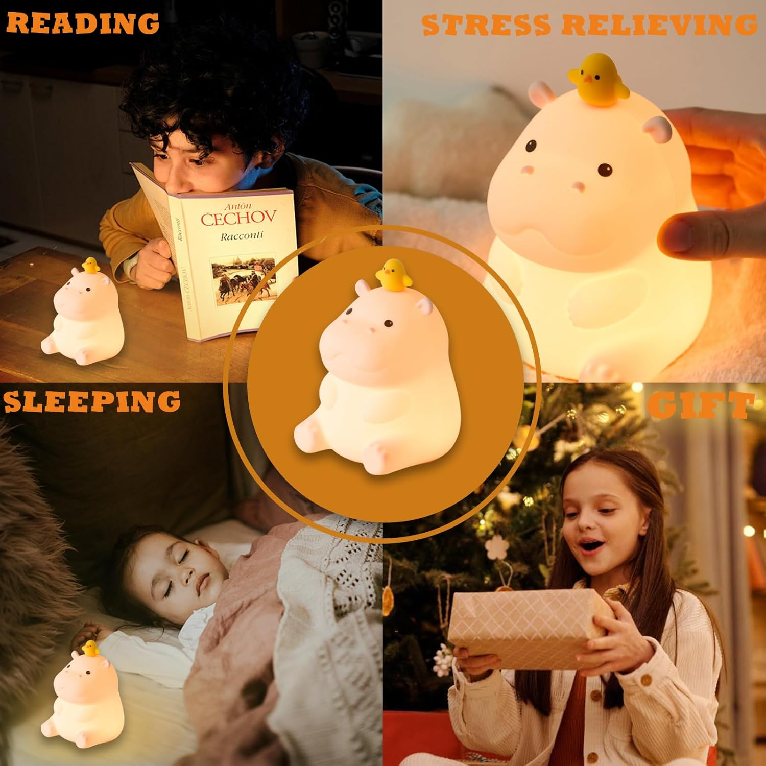 Hippo Night Light for Kids, Silicone Dimmable Touch Lamp with 2 Lighting Modes, USB Rechargeable Lamp for Bedroom Children'S Room, Portable LED Night Light for Christmas Birthday (Hippo) image number 5