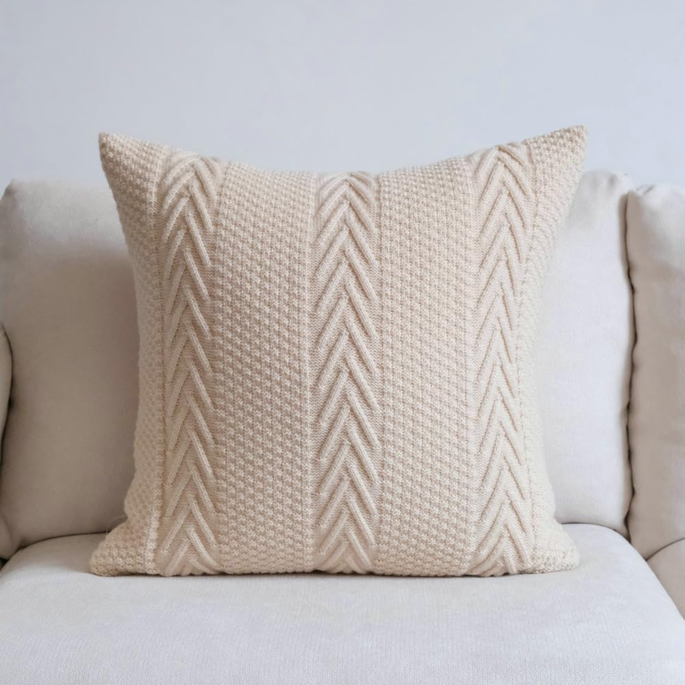 18X18 Inches Cotton Knitted Decorative Lumbar Throw Pillow Covers, Soft Cozy Outdoor Cushion Cases Luxury Modern Pillowcases for Couch Sofa Bed Beige image number 4