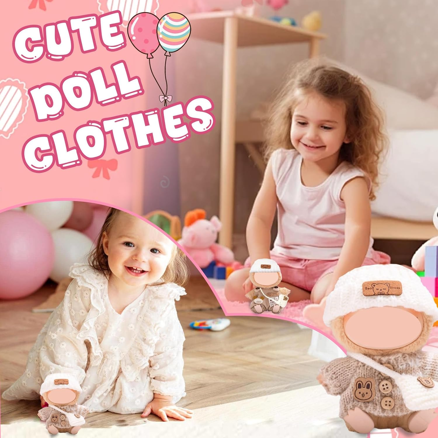 2 X Clothing for 17 Cm Labubu Plush with Pink Bottle Jumpsuit + White Bear Wool Hat + Pink Camera + Hair Accessories with Bow + Chanel Style Jumpsuit for Clothing DIY Children Gifts (Khaki) image number 2