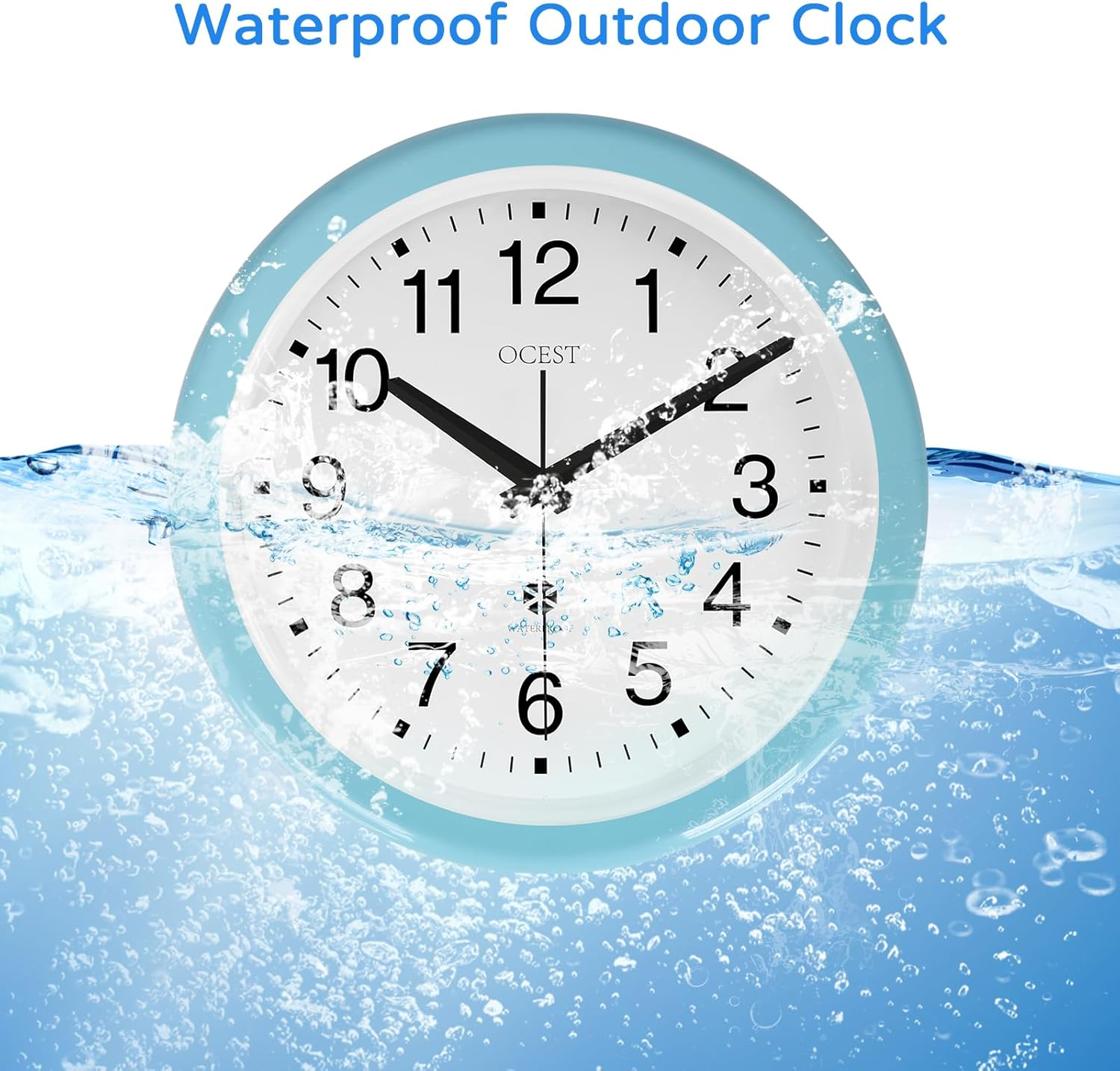 OCEST Sealed Waterproof Garden Wall Clock, 12 Inch Large Indoor Outdoor Clocks, Silent Non-Ticking Battery Operated Quartz round Decor for Patio,Bathroom, Pool, Lanai, Porch (Blue) image number 1