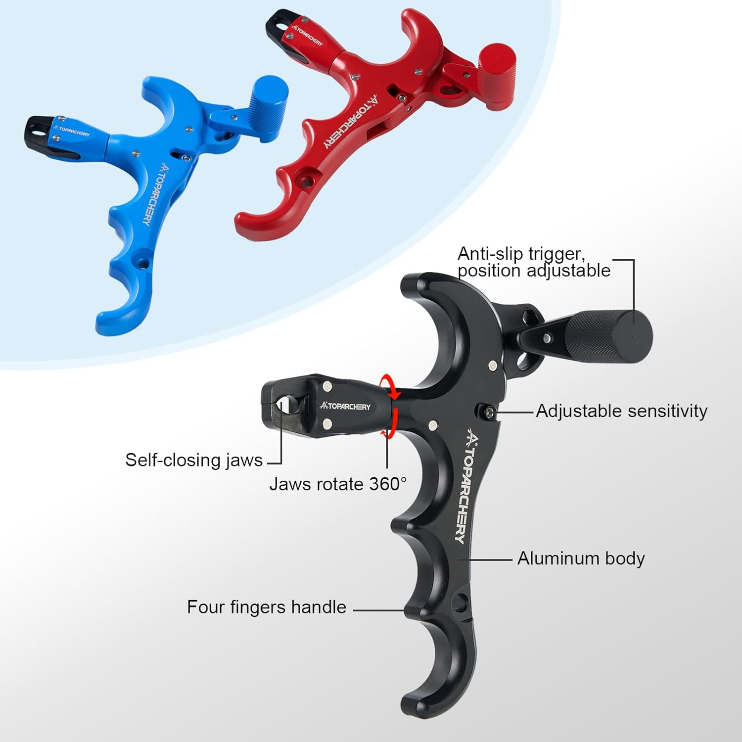TOPARCHERY Compound Bow Release Archery Release Aids Thumb Release 360&deg;Rotating Bow Release, 4 Finger Bow Release, Aluminum, Compound Bow Accessories - Red image number 3