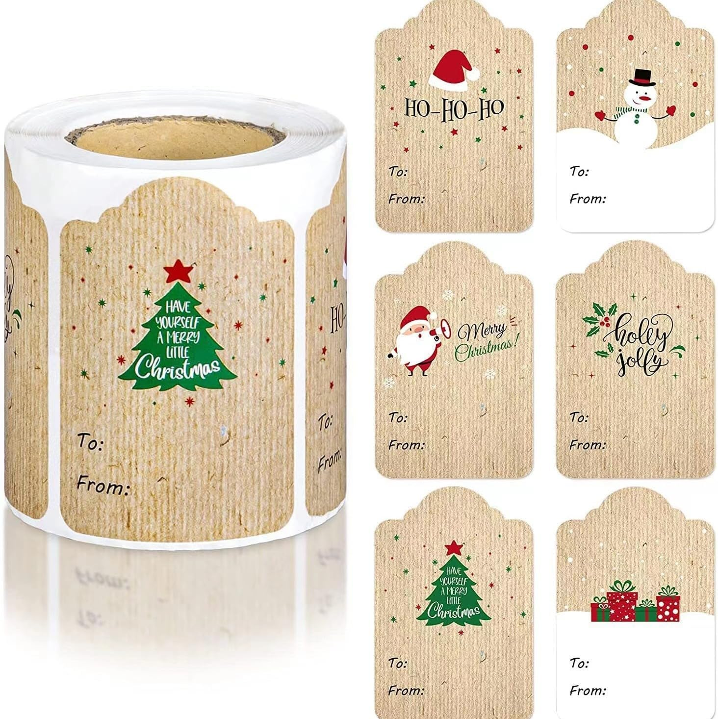 300 Pcs Brown Kraft Christmas Stickers, 6 Designs, 2 X 3 Inch Rectangular Labels Tags image number 6