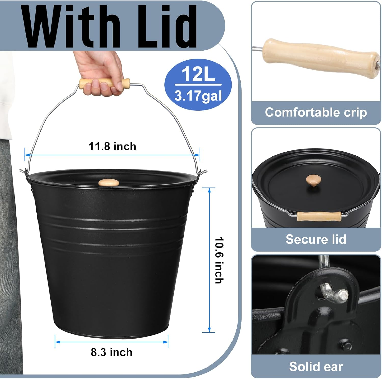 LOYIM 2 Pack Ash Bucket with Lid Fireplace Ash Bucket Black Metal Charcoal Bucket Fireplace Tool Ash Can for Fireplaces Fire Pits Hearth Wood Burning Stoves Indoor and Outdoor(3.2 Gallon) image number 3