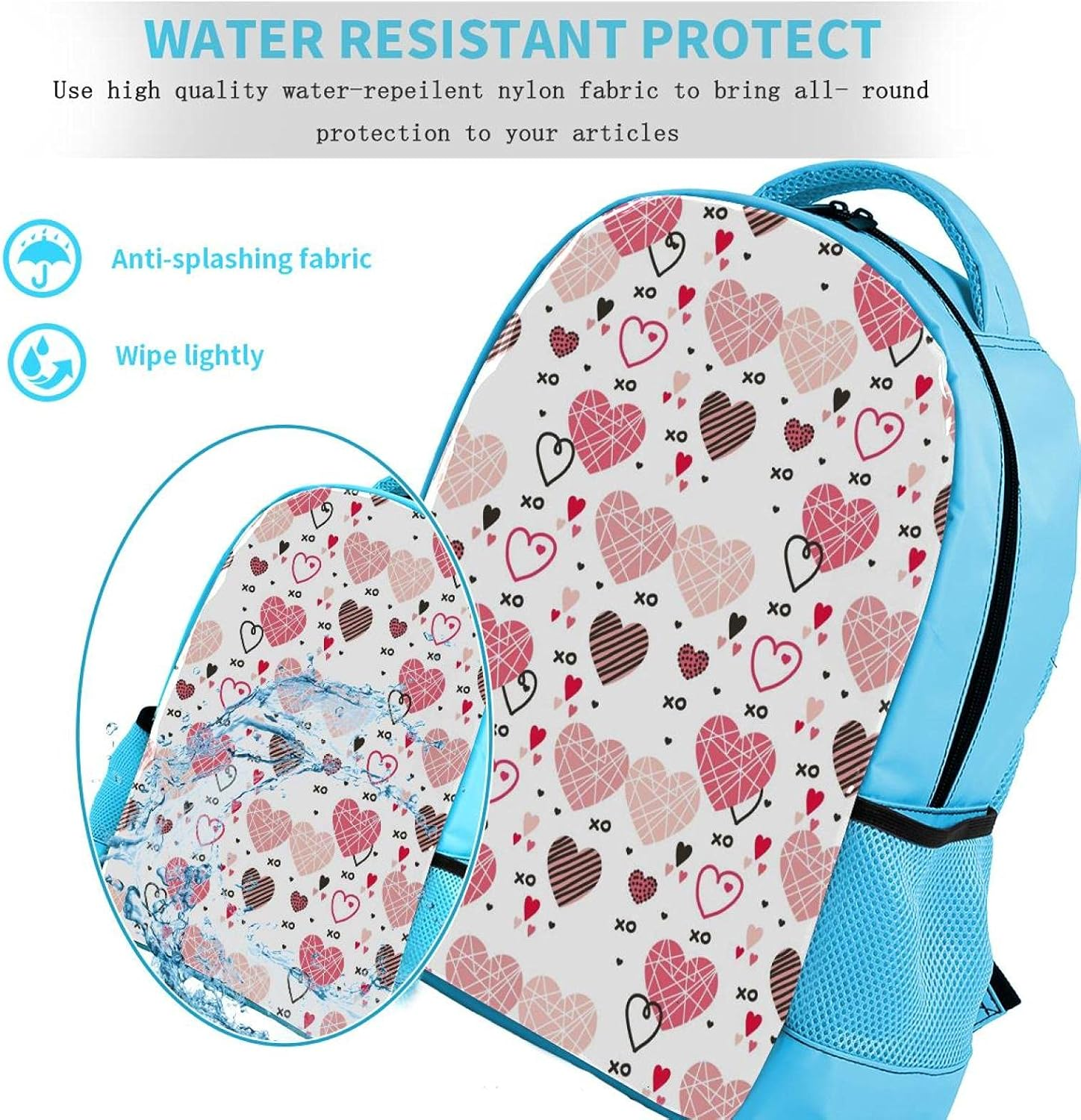 Blue Backpack Boy Bookbags Rucksack Men Travel Handbag Daypack Valentine Love Hearts Pink Pattern