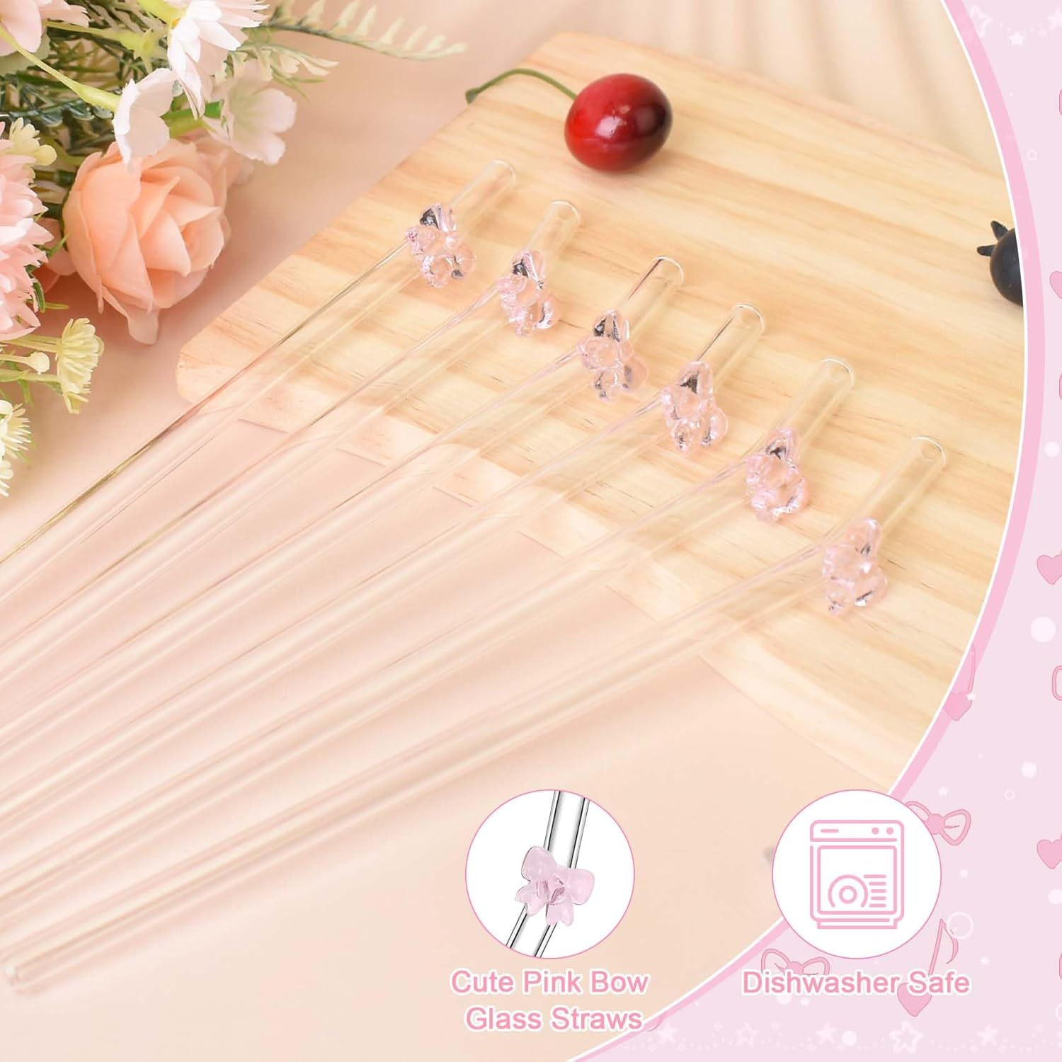 6 Pcs Glass Straws Shatter Resistant with Cute Pink Bow, Reusable Straw Dishwasher Safe with 2 Cleaning Brushes for Pink Lover, Juice, Summer Beach, Birthday Party image number 5