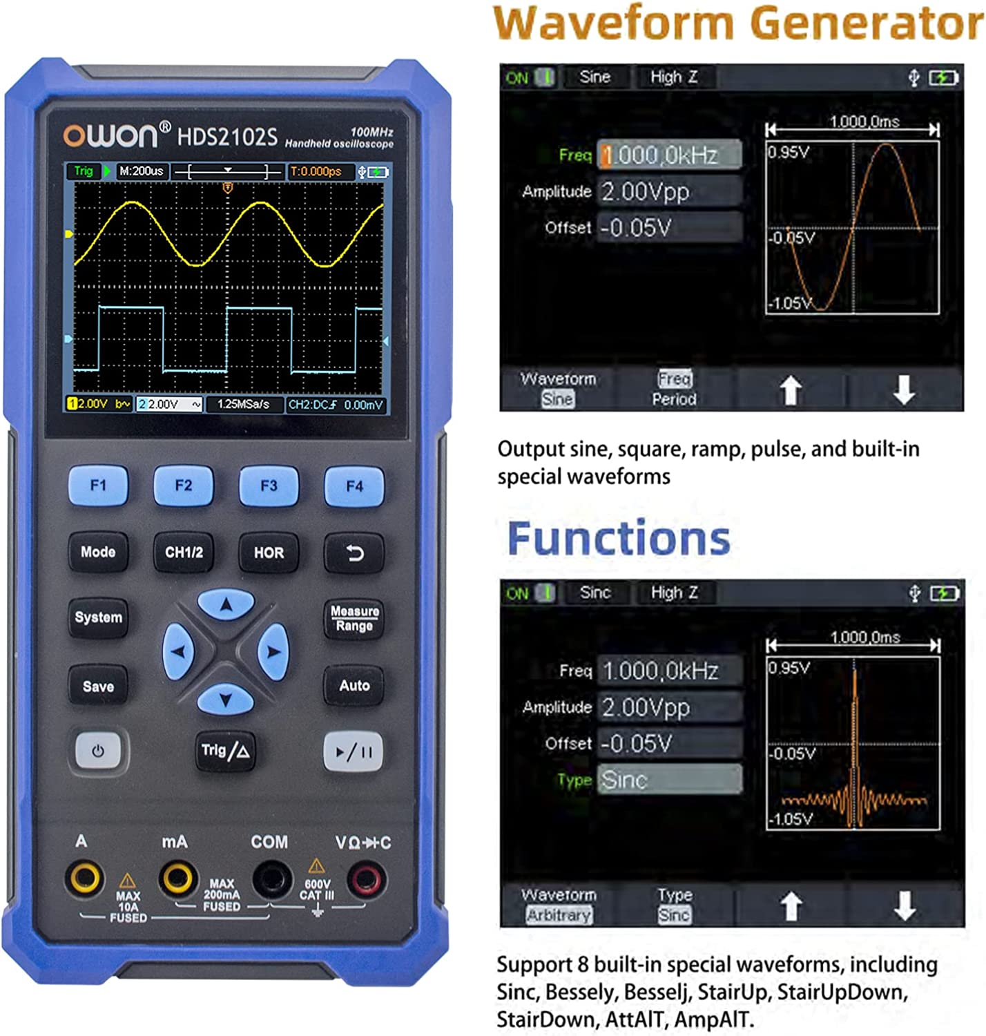 OWON HDS2102S 2CH Handheld Oscilloscope 100Mhz Bandwidth 20000 Counts Multiumeter OSC + DMM + Waveform Generator image number 4