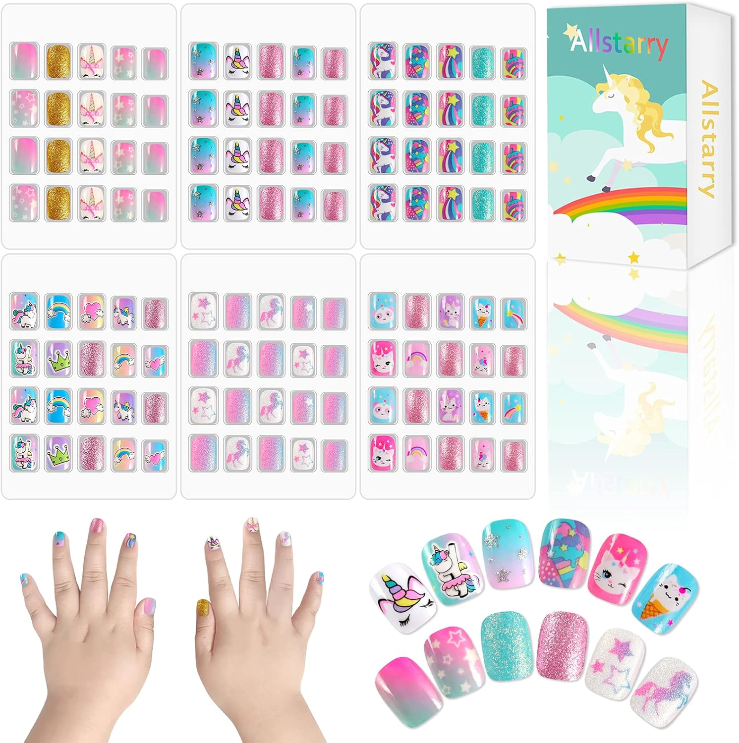 Allstarry Children Nails Press on Pre-Glue Full Cover Rabbit Gradient Color Dot Short False Nail Kits Lovely Gift for Children Little Girls Nail Art Decoration - Purple Planet