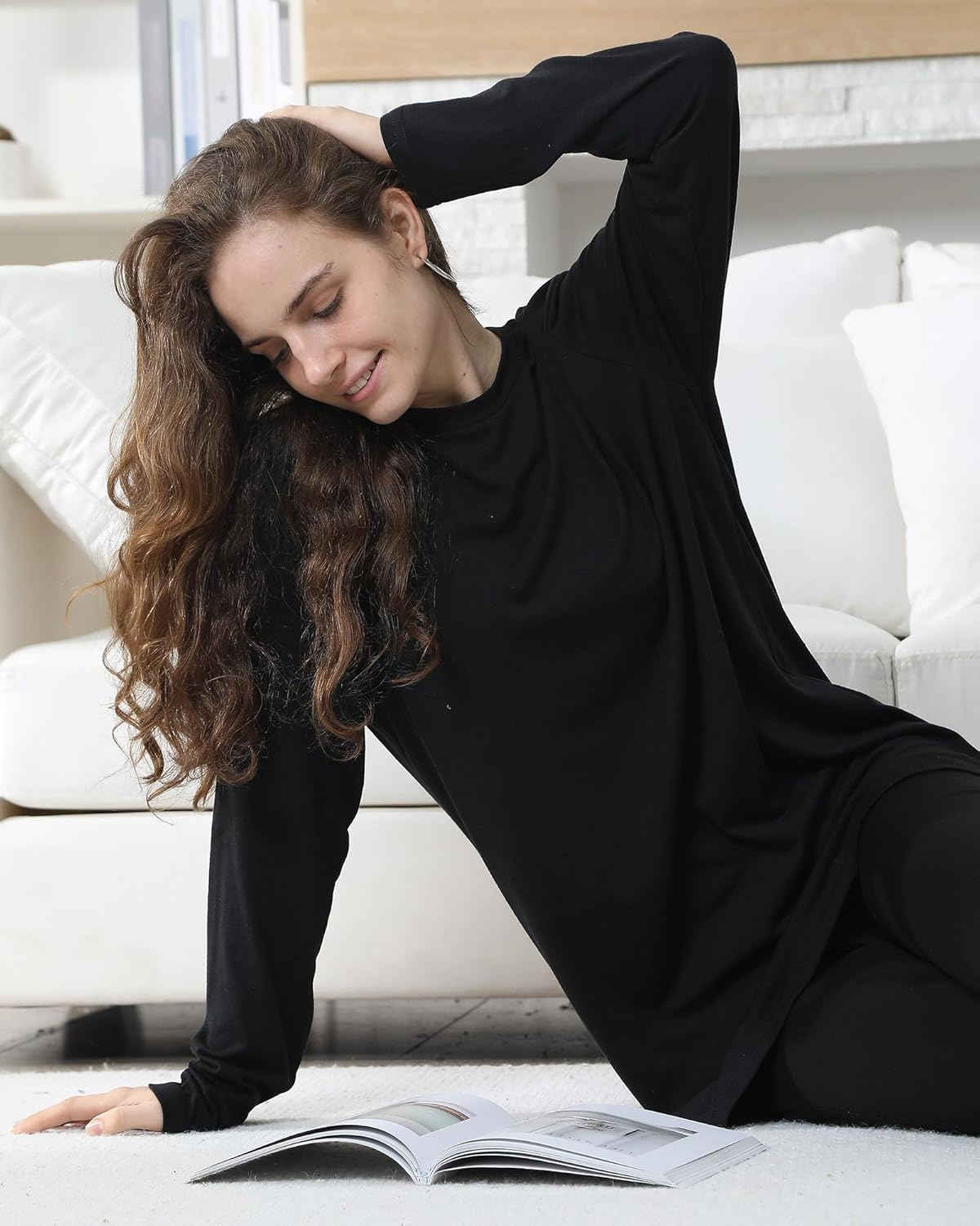 3 Pack Women Oversized T Shirts Long Sleeve Crewneck Tee Basic Tops Y2K Clothes for Fall Winter Casual Workout image number 6