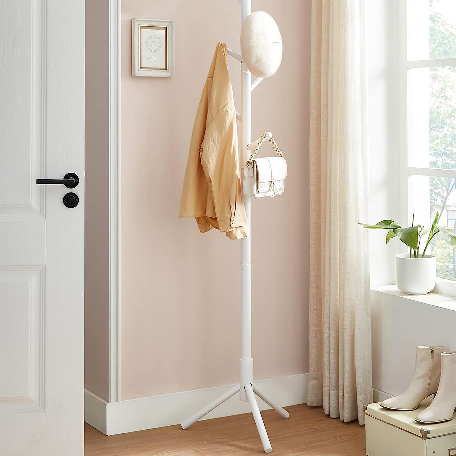 Joiena Wooden Coat Rack Tree with 8 Hooks, 3 Adjustable Sizes Free Standing, Solid Wood, Super Easy Assembly Hallway, Entryway Coat Hanger Stand for Clothes Suits (Wood)