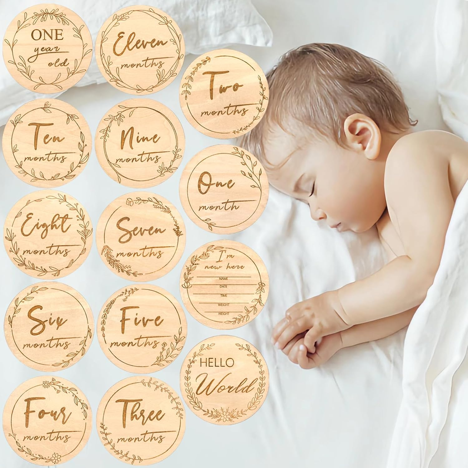 Baby Monthly Milestone,Beautiful Baby Milestone Signs-7 Double Sided Marker Wooden Circles Discs Newborn Photography Prop, Pregnancy Journey Birth Announcement Sign Baby Boy and Girl Gift Sets