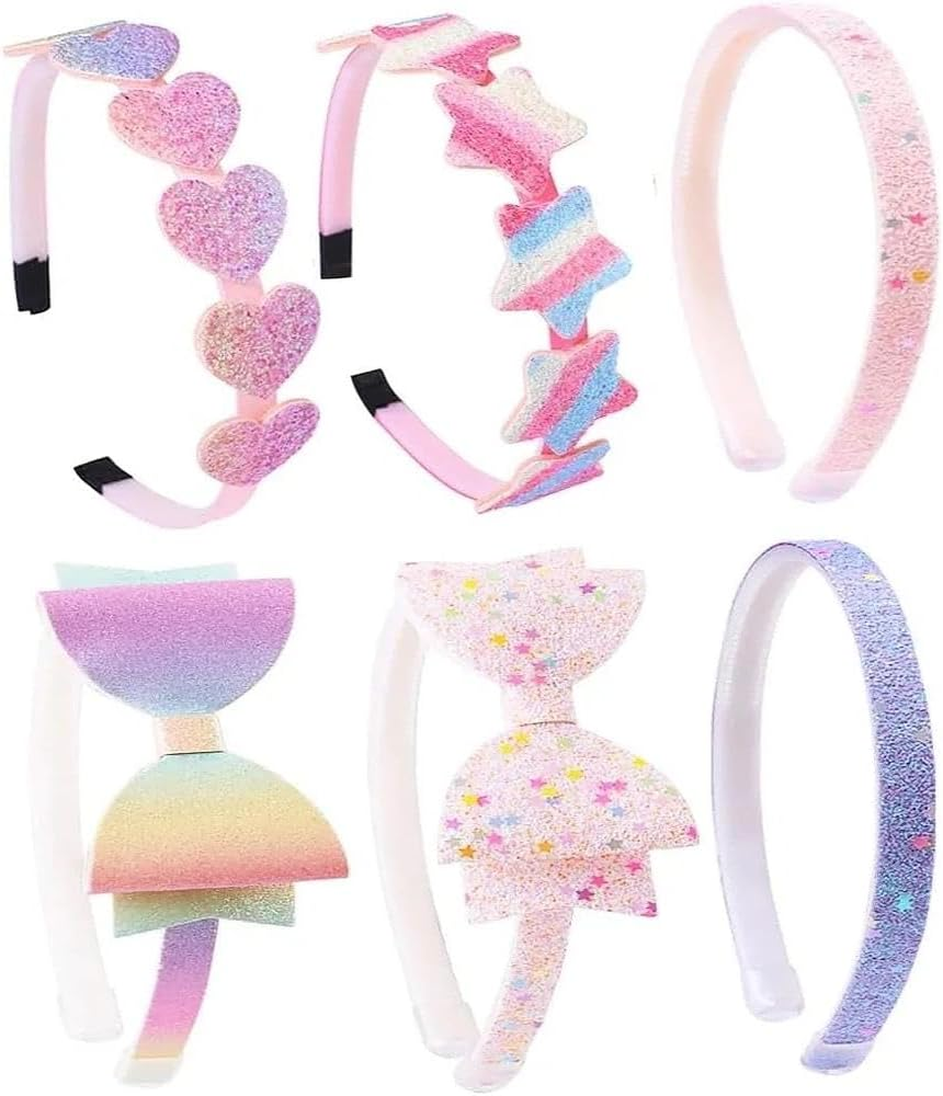 Glitter Headbands for Girls, 6 Pack Elastic Hair Bands with Heart Bow for Kids Hair Accessories - Tisuff image number 1