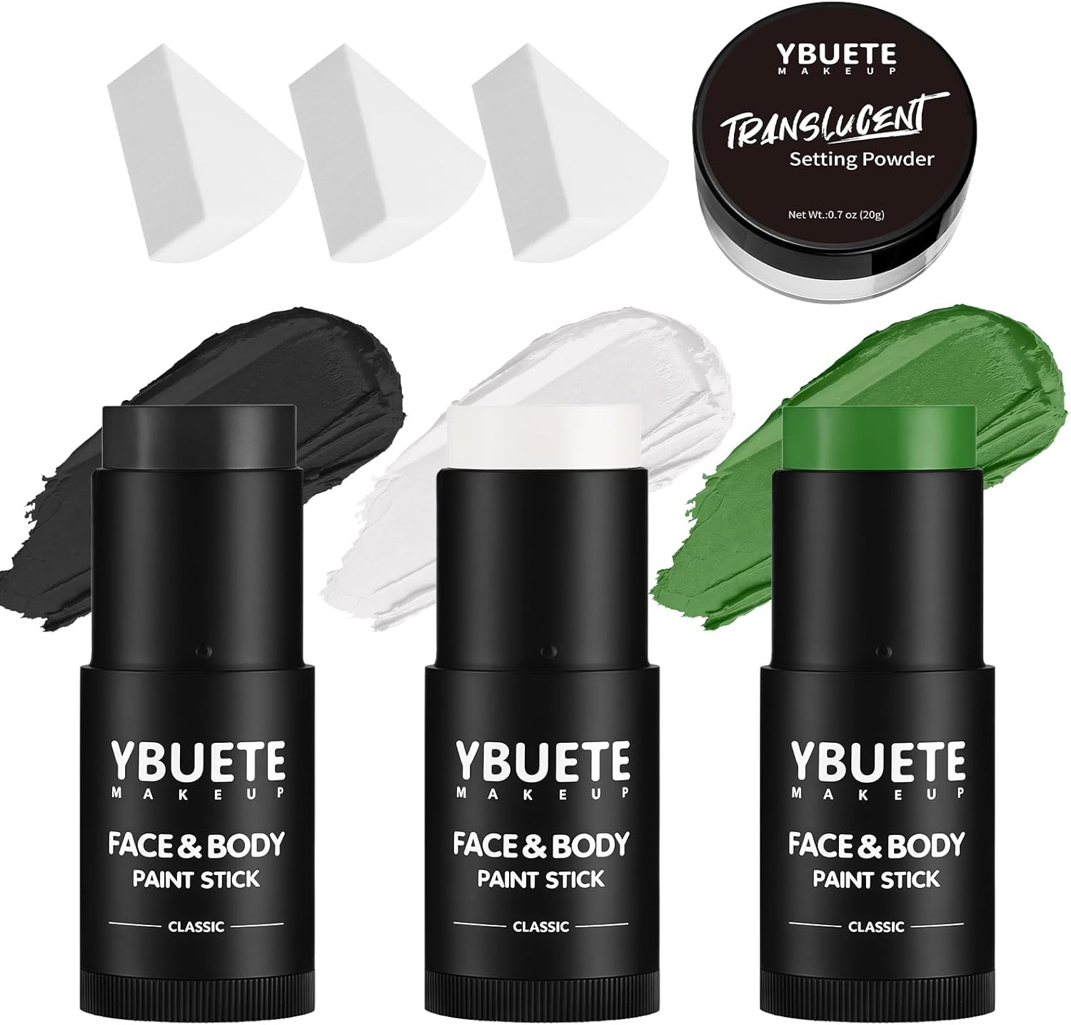 YBUETE White Black Face Body Paint Stick Set with Translucent Setting Powder and Sponges, Professional Full Coverage Face Painting for Adults Halloween Cosplay SFX Skull Zombie Skeleton Goth Makeup