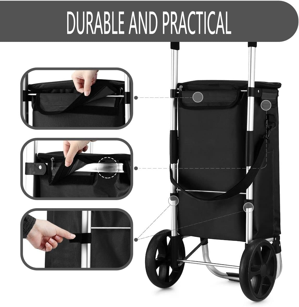 Foldable Shopping Cart ，With Wheeled Handcart, Waterproof, Lightweight and Multifunctional, 45L Folding Grocery Bag Basket, Aluminum Shopping Cart (Black) image number 4