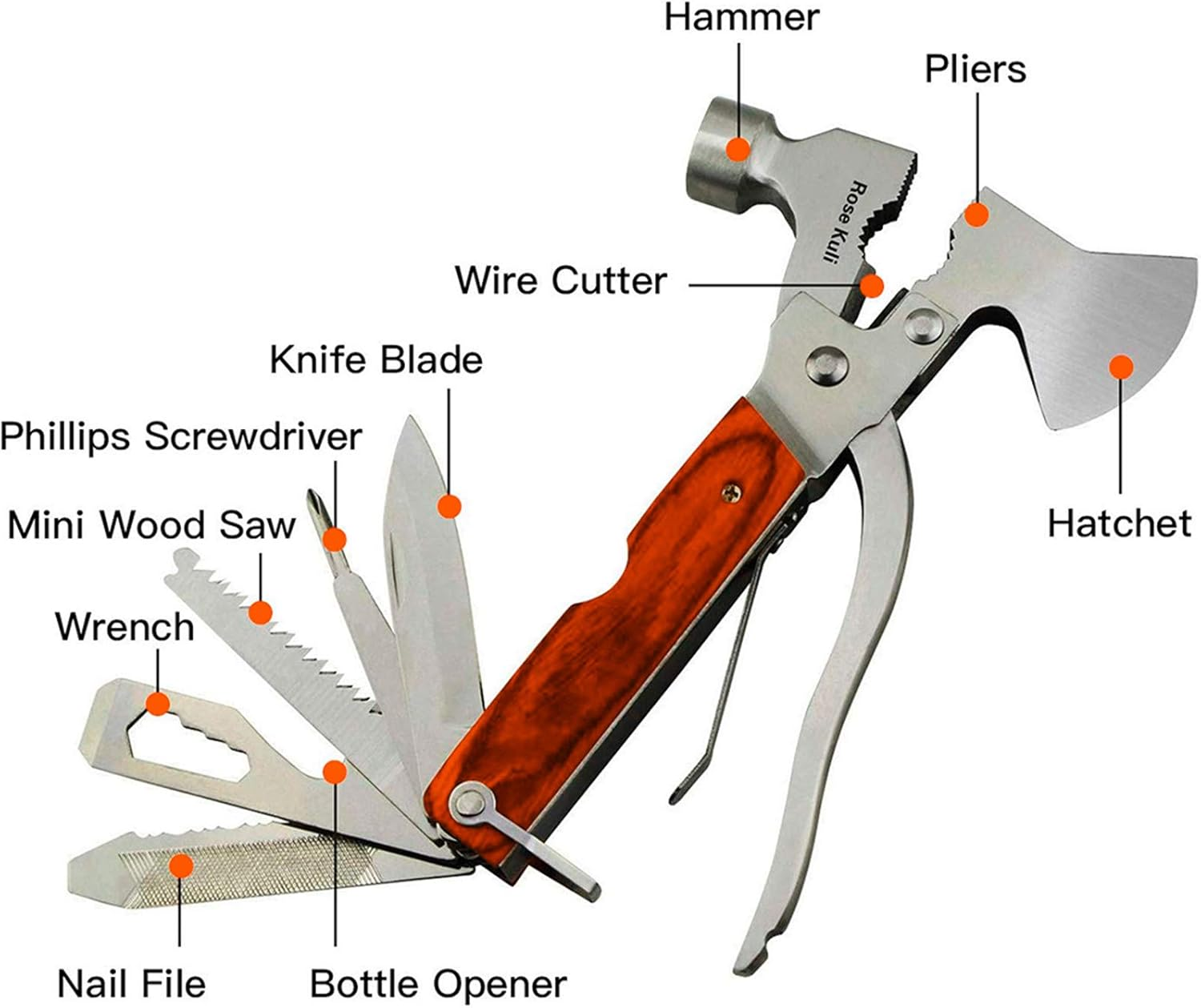 Rose Kuli 7'' Portable Multipurpose Multitool Multifunctional Pocket Mini Tools with Axe Hammer Plier Set Wooden Handle
