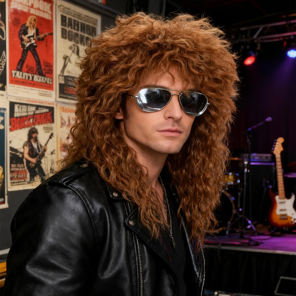 Suithink 80S Wig Mullet Light Brown Long Curly Rock Disco Costume Party Wigs for Men and Women image number 2