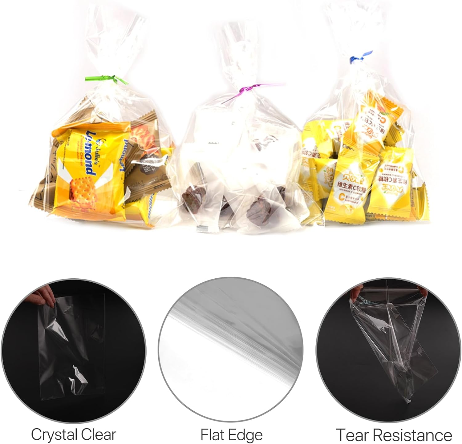 VANANA 100 PCS Cellophane Bags with Colorful Twist Ties, Clear Cookies Bags Gift Goodie Treat Biscuit Bakery Candy Chocolate Gift Food Soap Party Favor Supplies (13X20Cm/5.1X7.9In) image number 2