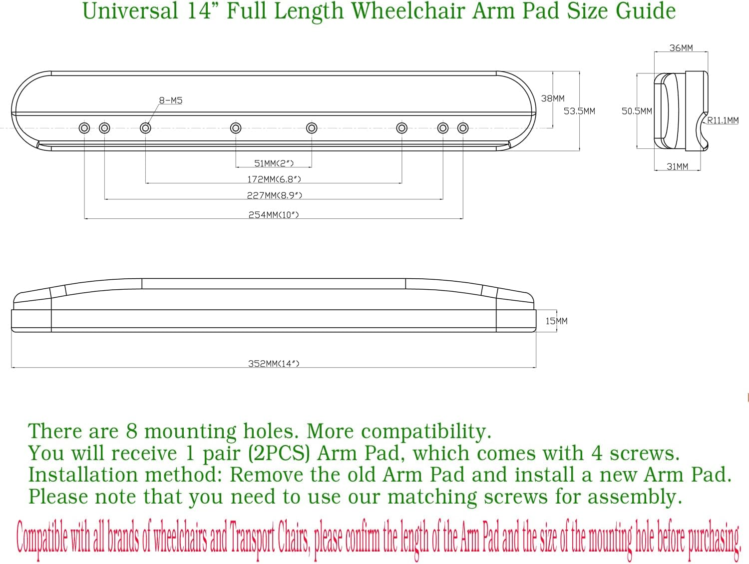 Universal 14&rdquo; Full Arm Pad,Universal Duty Full Length (14") Wheelchair and Transport Chair Arm Pads W/Hardware, Universal Replacement Vinyl Arm Pad Parts , Compatible with All Brands(1Pair,Black) image number 2