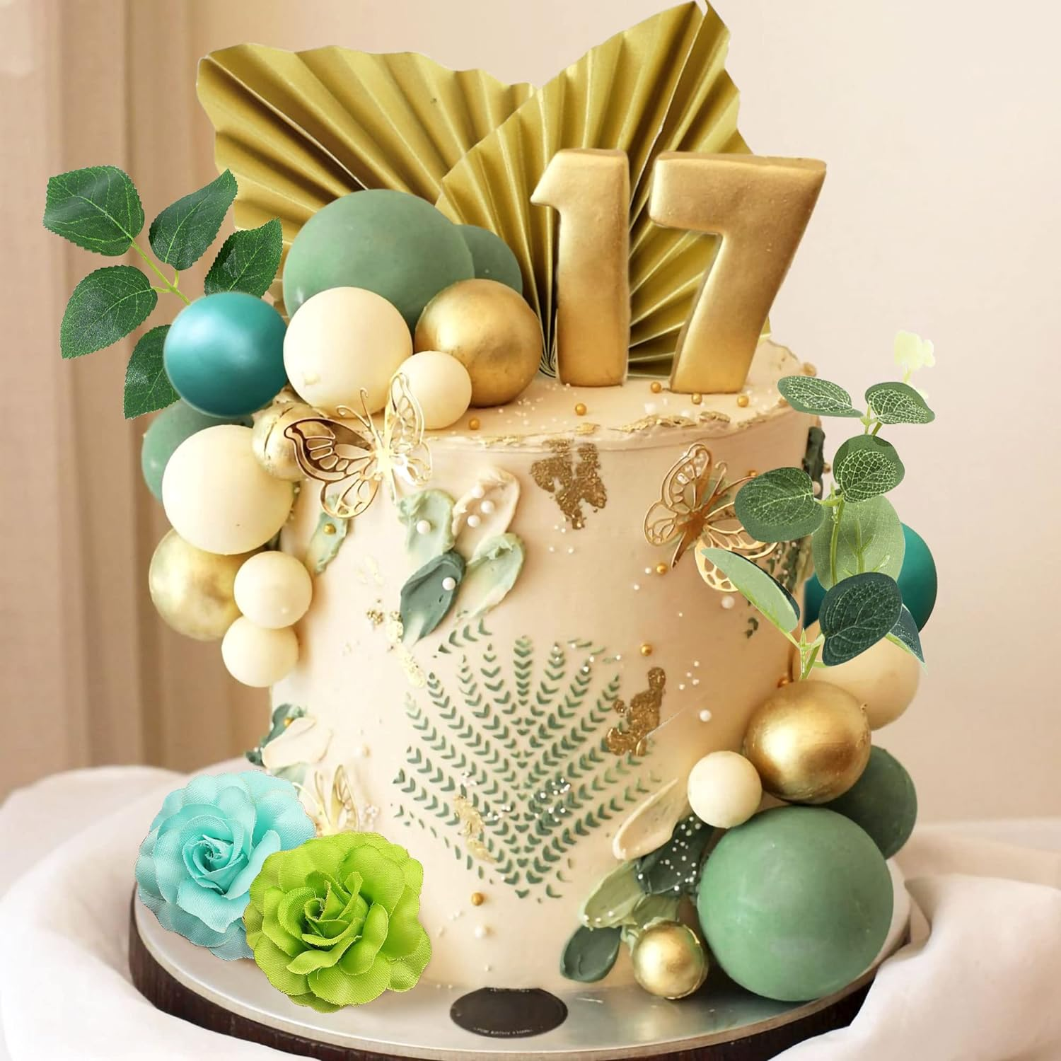 Jevenis Green Ball Cake Decoration Rose Cake Decoration Palm Leaves Cake Decoration Flower Cake Decorations Baby Shower Cake Decoration Wedding Cake Decoration