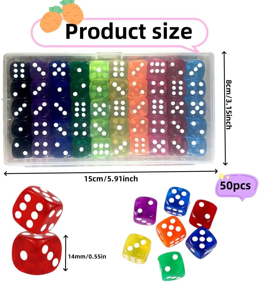 50 PCS 14Mm Dice Set, 6-Sided Colorful Dice Chessboard, Math Learning, Dice Classroom, Party Gift image number 4