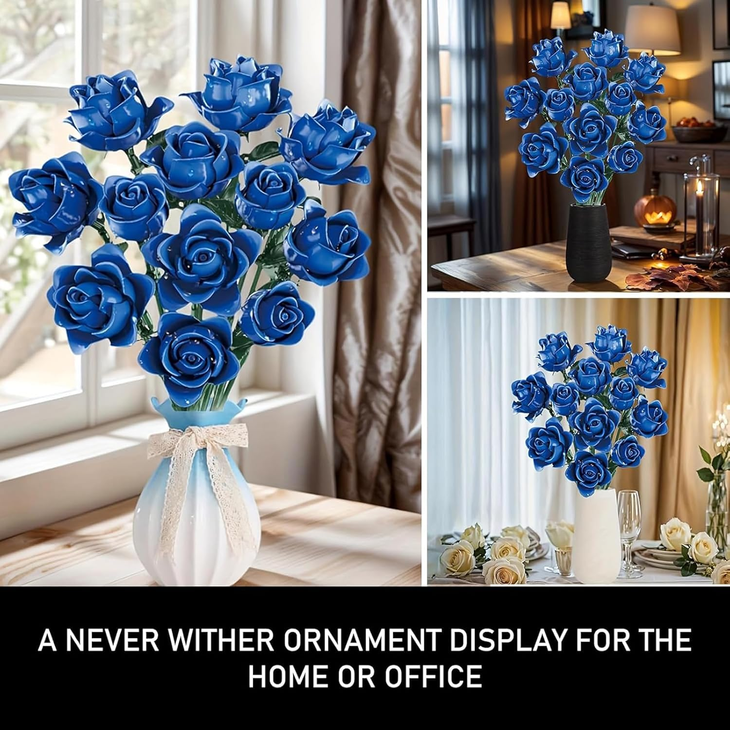 Blue Roses Bouquet Building Set for Adults, Artificial Flower Indoor Plant for Table Display, Office or Home Decor, Gothic Botanical Collection Gifts for Mother'S Day, Valentines, Chrismas(585Pcs)
