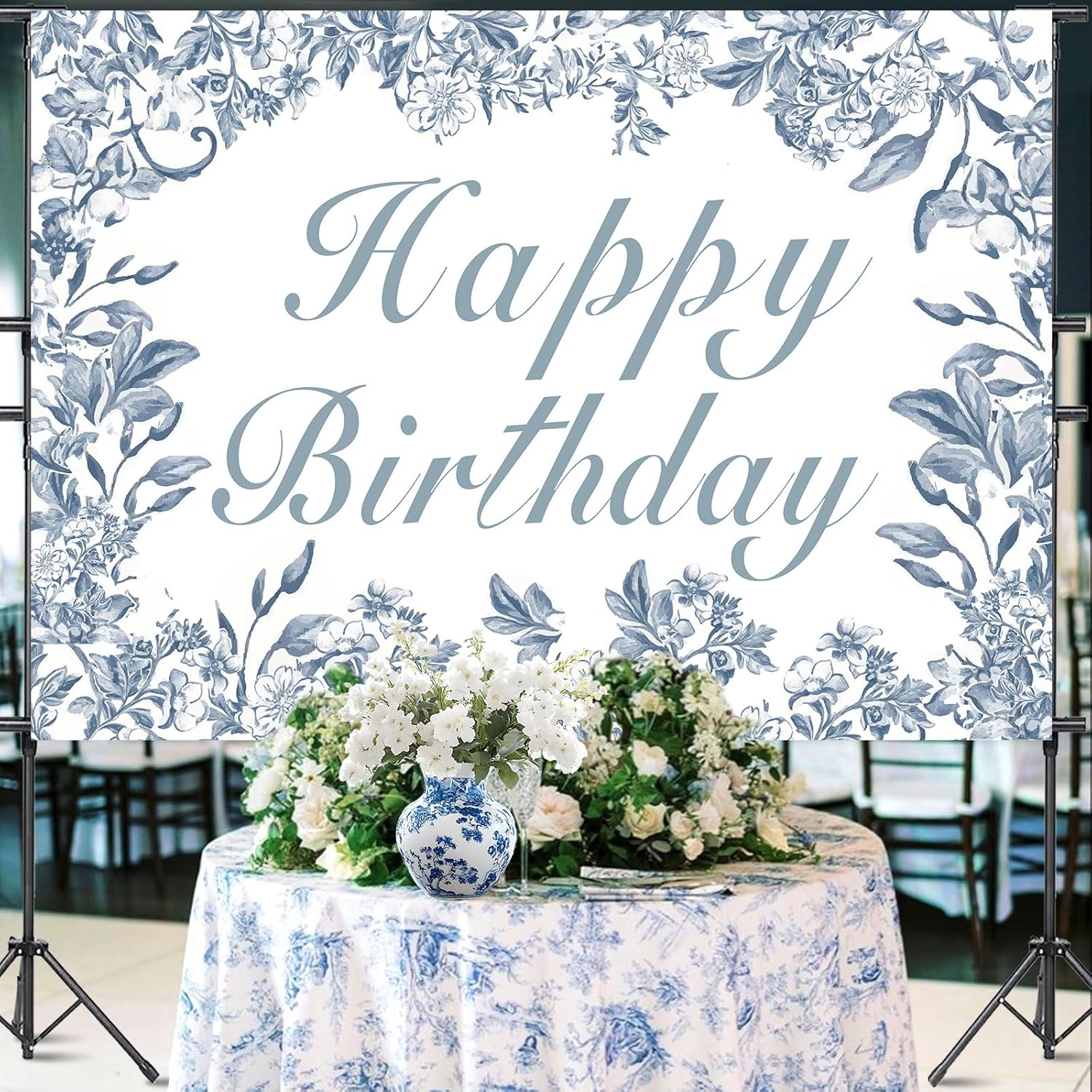 Wonmelody Blue Chinoiserie Birthday Decor 7 * 5Ft Blue Chinoiserie Happy Birthday Backdrop Banner Blue White Floral Backdrop Vintage Floral Party Decor for Chinoiserie Birthday Wedding Bridal Shower image number 5