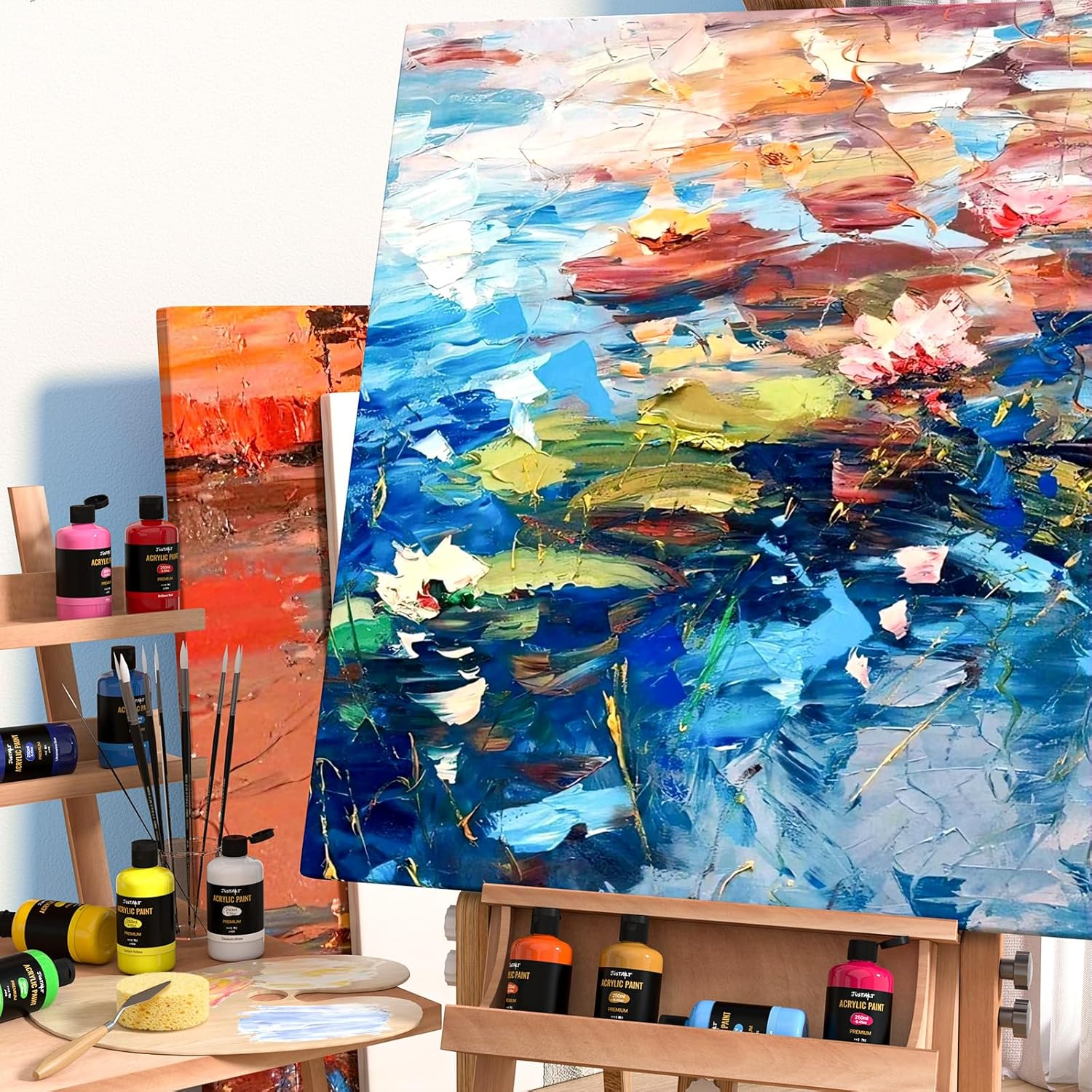 Jusart 24 Colors Acrylic Paint Set 250 Ml(8.45 Oz) Large Bottles (Including Metallic Gold and Silver),Non Toxic Acrylic Paint Professional Craft Paint Kit High Viscosity No Fading Rich Pigment image number 6