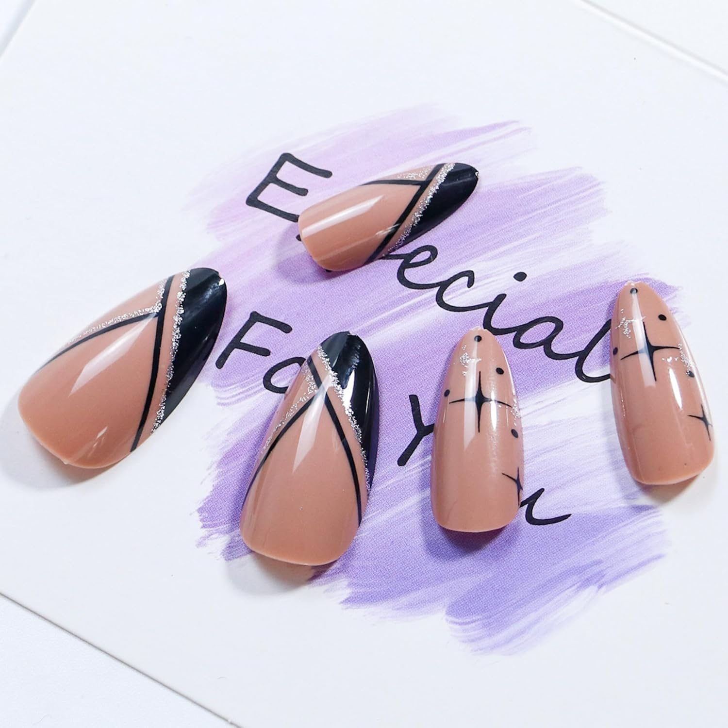 Press on Nails 24Pcs Acrylic French Full Cover False Nails Light Color Almond Fake Nail Women Girls Daily Decoration Nail Extension Easy DIY Black Line