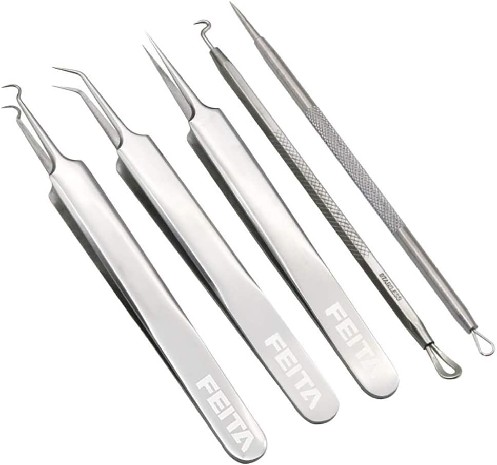 Blackhead Remover Kit - FEITA Blackhead Tweezers Removal Tool Kit Set - Acne Tweezers Pimple Comedone Extractor with Travel Case (5 Pcs)