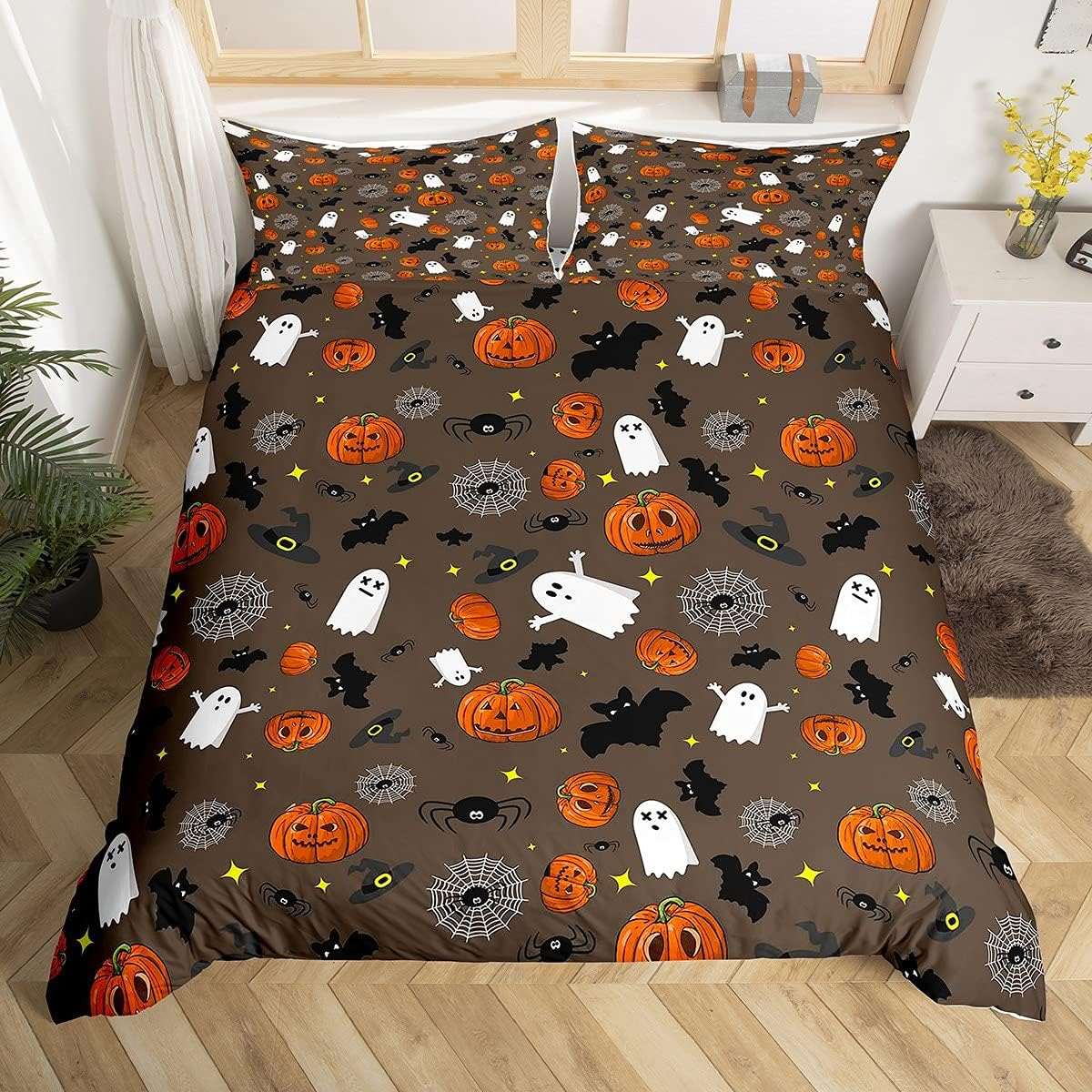 Loussiesd Boys Skull Duvet Cover Pumpkin Lantern Bedding Set for Kids Teens Halloween Horror Ghosts Bats Decor Brown Quilt with 2 Pillowcases 3Pcs Bedding Double Boys