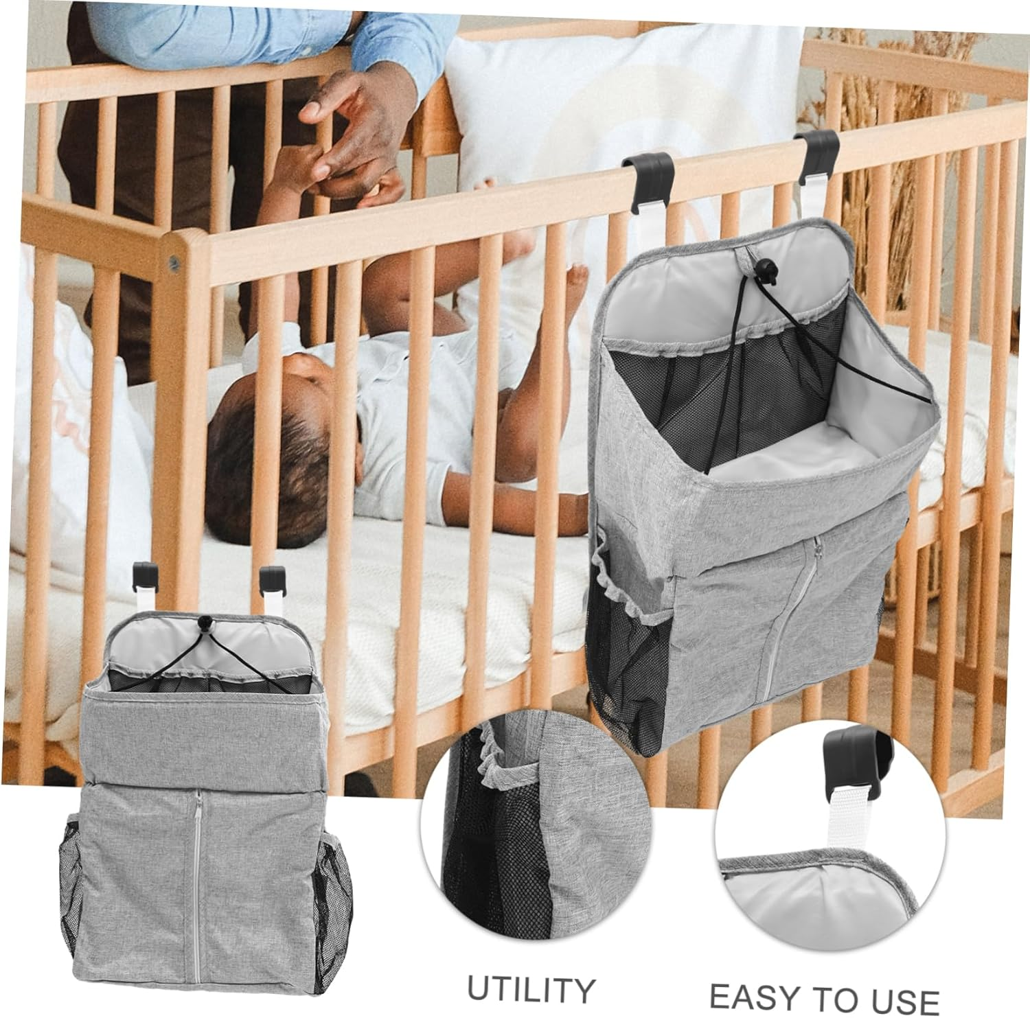 SECFOU 1Pc Crib Organizer Diaper Storage Bag Hanging Pouch for Stroller and Bed Material Convenient Essentials Holder Grey image number 1