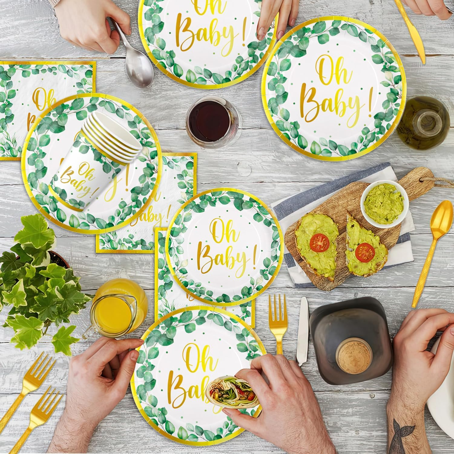 177 PCS Sage Greenery Baby Shower Party Supplies Gender Neutral Baby Shower Decorations OH Baby Banner Paper Plates Napkins Cup Cutlery Tablecloth for Girl Boy Sage Green Baby Shower Decorations image number 3