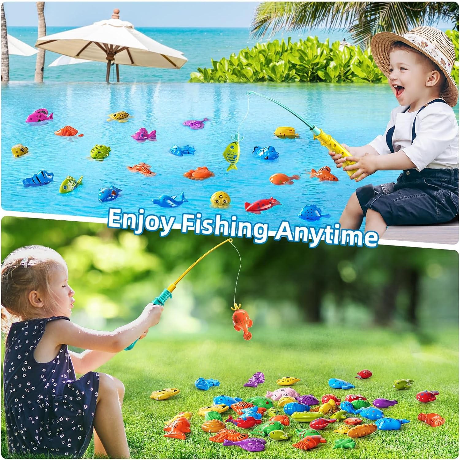 Fishing Toys Games for Kids 3 4 5 6 7 8 Year Old - Magnetism Floating Fish Toys, Pole Rod Net, Bathtub Toys, Indoor Outdoor Party Swimming Pool Playset for Toddlers Boys Girls Age 1-3 2-4 image number 2