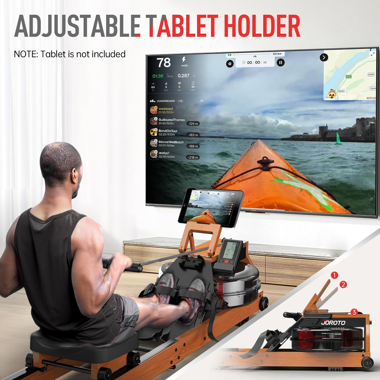 JOROTO MR280 Water Rowing Machine for Home Use, Oak Wood Foldable Rower Machine 330Lbs Weight Capacity with Bluetooth Monitor,Phone Holder |Adjustable Tablet Holder