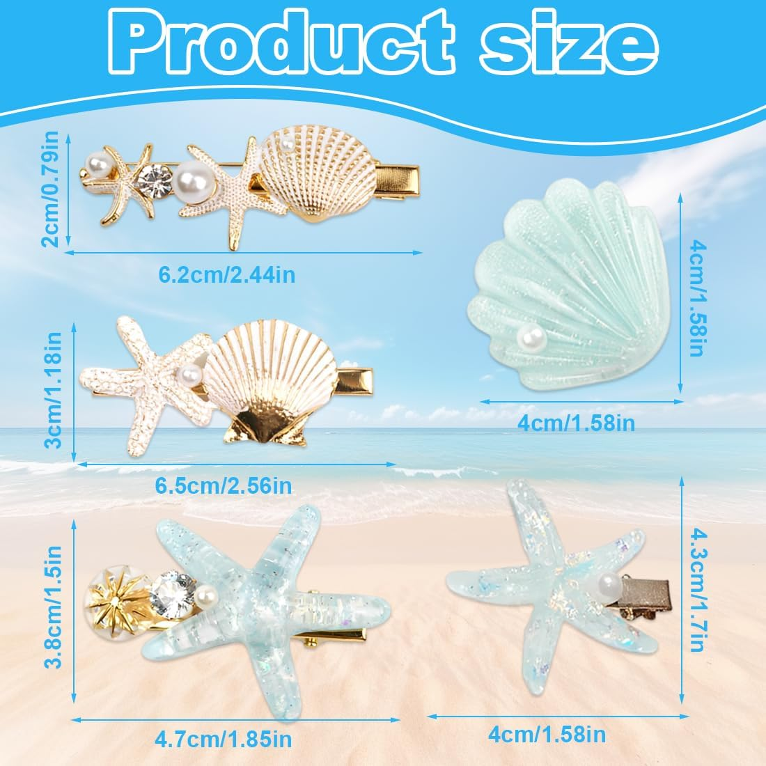 YUZNA Pack of 5 Starfish Hair Clips Shell Hair Pin Hair Clip Starfish Shell Pearl Starfish Hair Clips Shells Hair Accessories Hair Clip Starfish image number 1