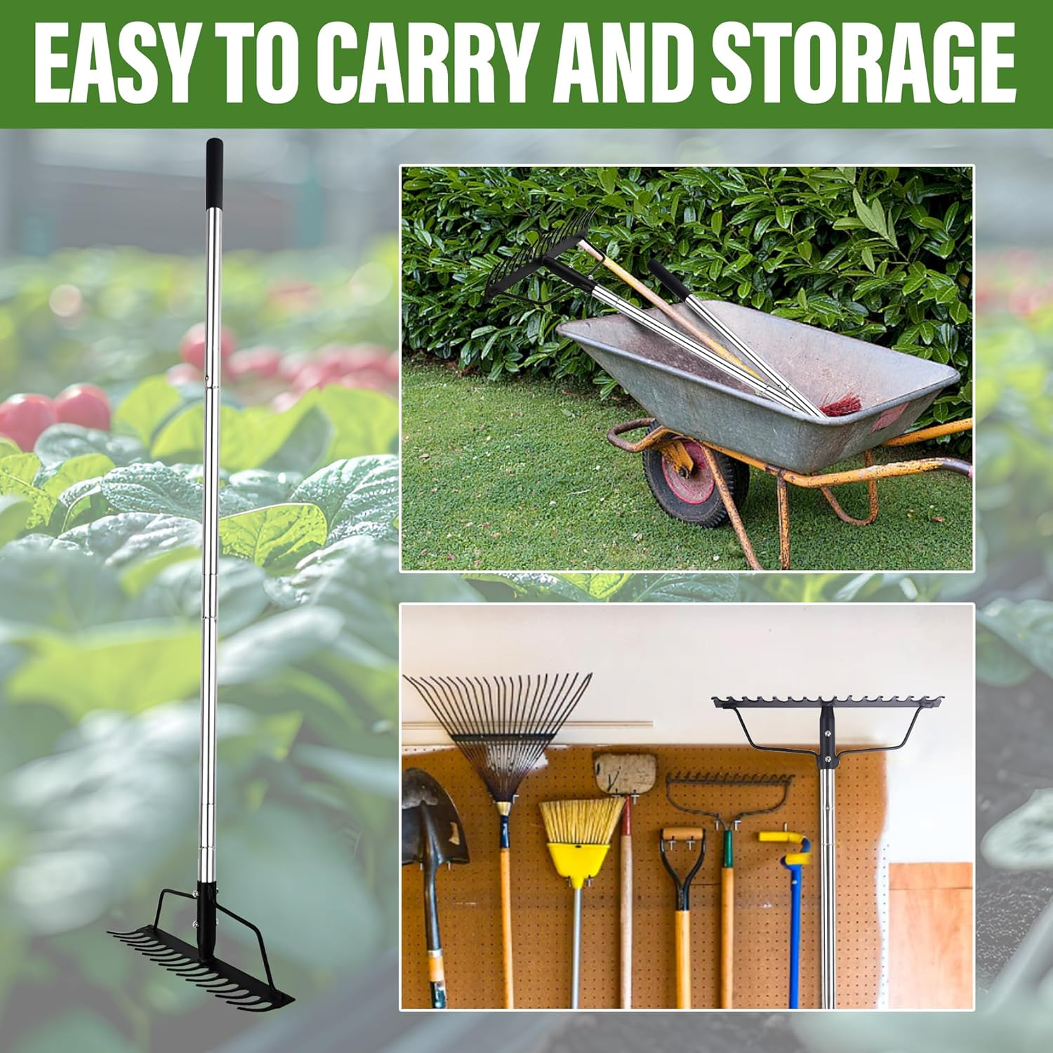 15 Inch Wide Heavy Duty Bow Rake, 16 Steel Tines Metal Head Rake Tool with Stainless Steel Handle, Adjustable Long Handle Garden Rake for Loosening Soil Leveling Mulch Gathering Lawns Leaves image number 3