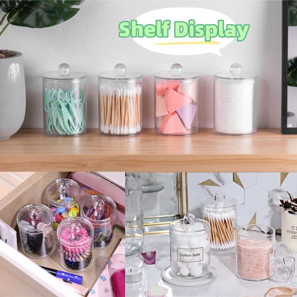 3Pcs Clear Jar Organizer,Cotton Swab, Cotton round Pads, Floss Picks - 10 Oz Clear Plastic Apothecary Jar Set for Bathroom Canister Storage Organization, Vanity Makeup Organizer image number 2