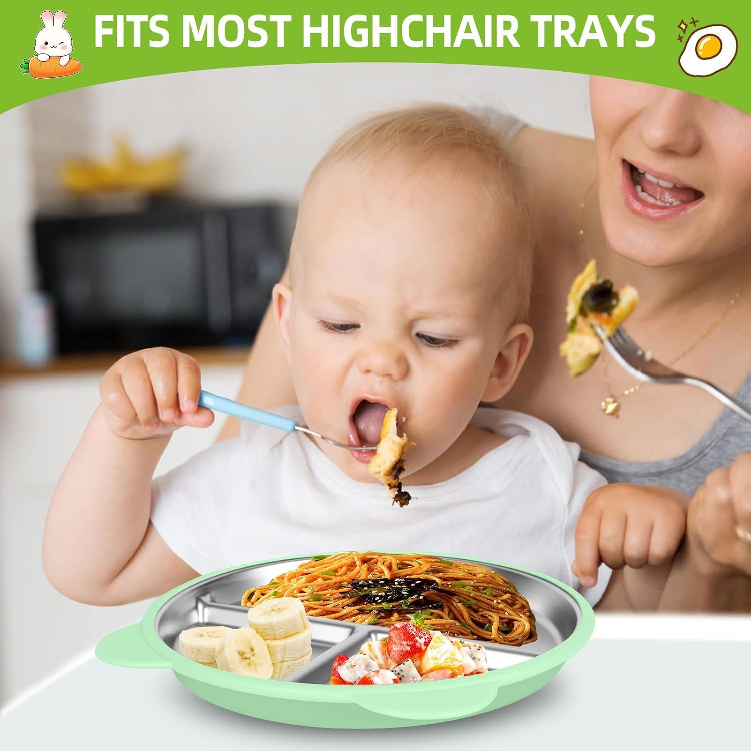 3 Pack Stainless Steel Toddler Plates with Suction,9&rdquo; Kids Divided Plates with Removable Silicone Sleeves,Non-Slip Portion Control Snack Dishes,Unbreakable, Dishwasher Safe Baby Feeding Set image number 5