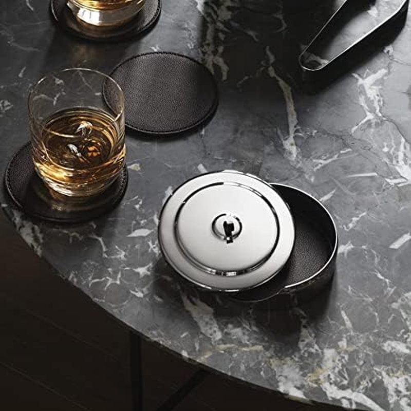 Georg Jensen Manhattan Drink Coaster Set in Dark Leather - Mirror Polished Stainless Steel Case with Handle