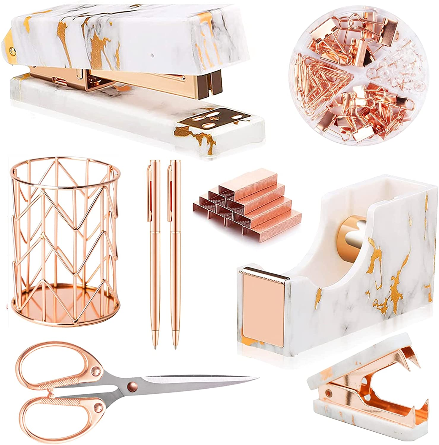 Famassi Rose Gold Marble Desk Accessories, Office Supplies Set Stapler Set Staple Remover, Tape Holder, Pen Holder, 2 Ballpoint Pen, Scissor, Binder Clips, Paper Clips and 1000Pcs Staples