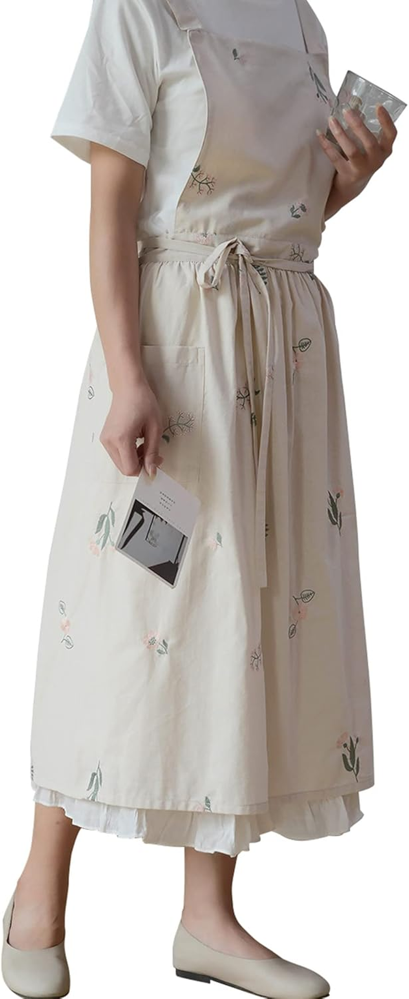 Japanese Cotton Linen Apron Adjustable for Women with Pockets, Fashion Pinafore Dress for Cooking Painting Gardening