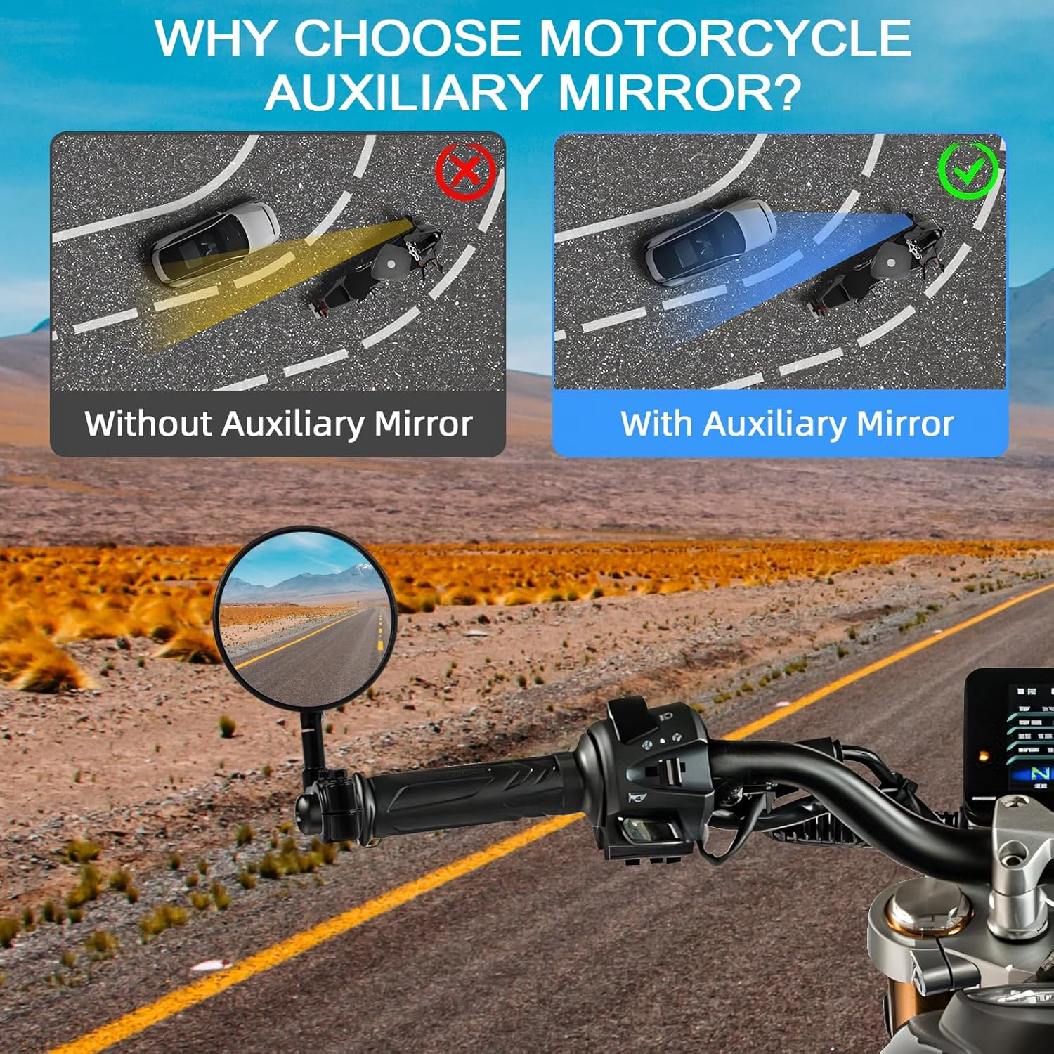 Motorcycle Mirrors Universal, Bar End Mirrors Motorcycle, E24 Certified, 360&deg; Rotatable, Fits Handlebar Diameters from 22Mm and 25.4Mm, Fits Most Motorcycles, Bicycles, ATV (Style B) image number 2