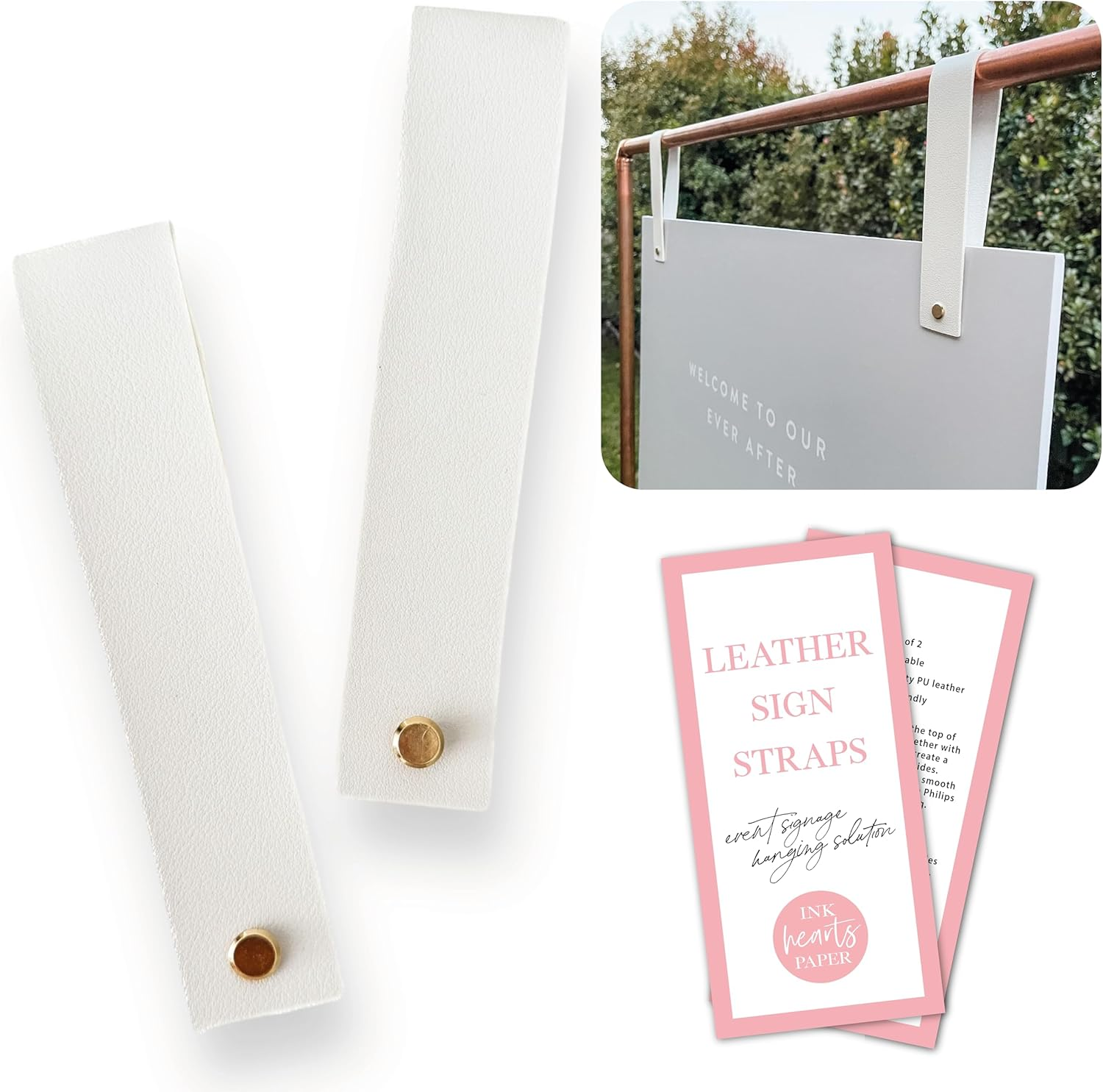 Leather Sign Straps for Hanging Sign, Welcome Sign, Wedding Sign, Engagement Sign, Event Display Sign, Seating Chart, Ceremony, Acrylic, Foamboard, Frame (White) image number 5
