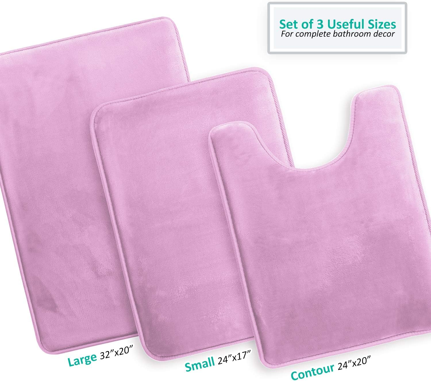 Clara Clark 3 Piece Bathroom Rugs Bath Mat Set, Velvet Memory Foam Bath Mats for Bathroom - Non-Slip, PVC Backing Bath Rugs, Washable - Dries Quickly, Lavender image number 5