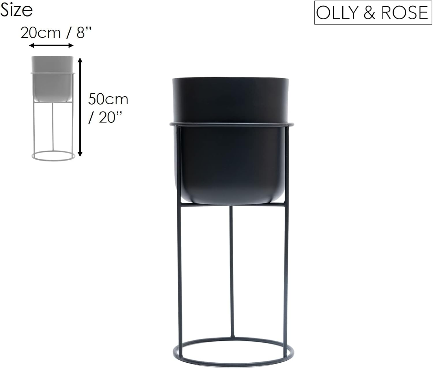 Olly & Rose Matt Black Metal Plant Pot with Black Plant Stand - Tall 50Cm Large Plant Pot Indoors with Stand - Large Decorative Planter image number 5