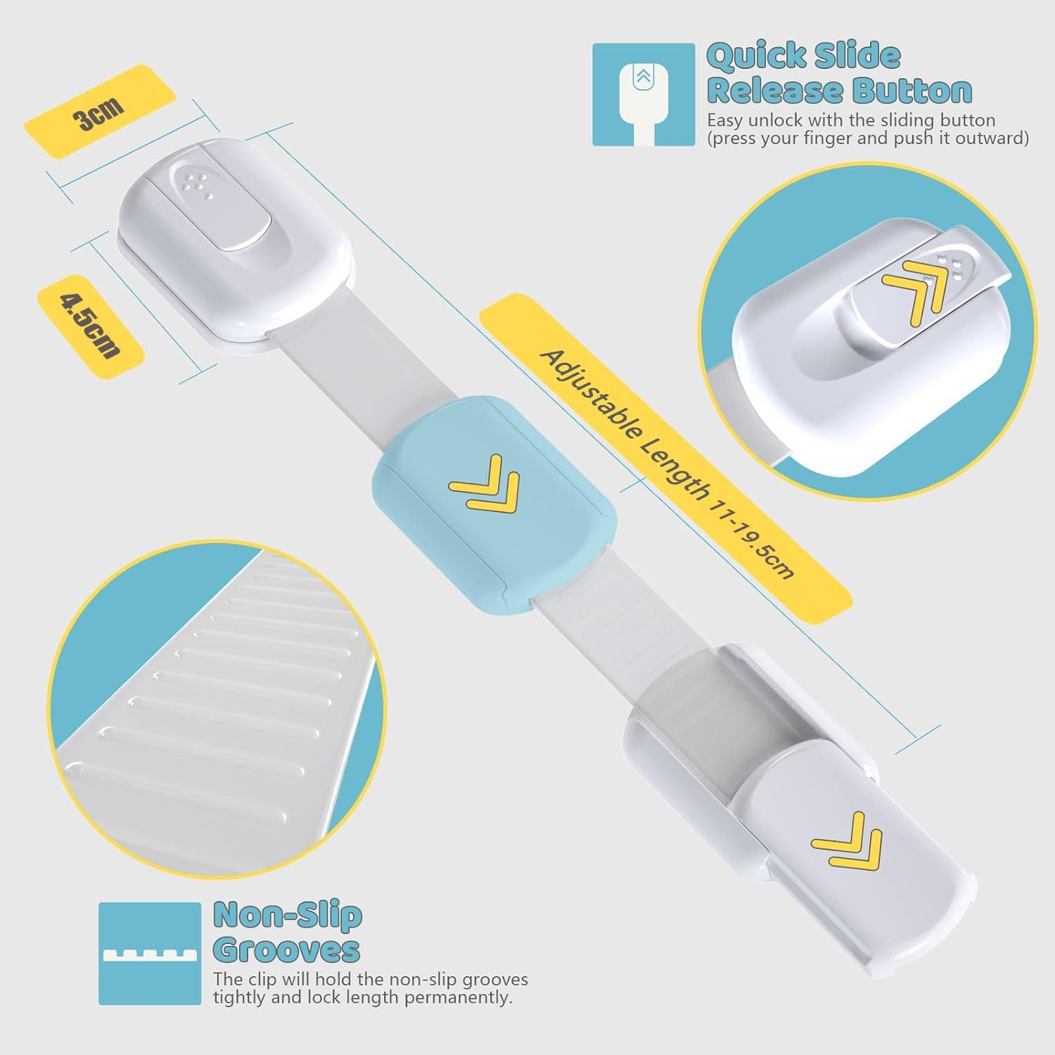 10-Pack Baby Proof Cabinet Locks, Adjustable Child Safety Locks for Drawers & Cabinets, No Tools Installation with 3M Adhesive Tape, Baby Proofing Essentials